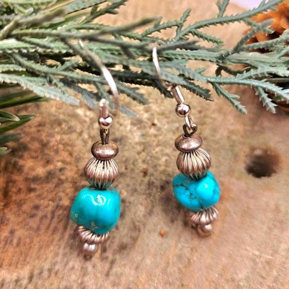 Beautiful Nature Turquoise Raw Stone Sterling S925 Dangle Earring - Picture 5 of 10